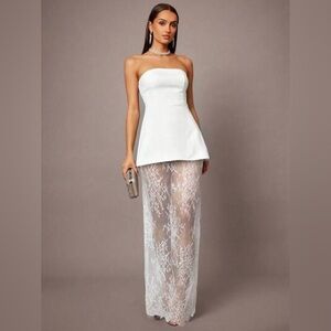 SHEIN White Strapless Peplum Top with Lace Overlay Skirt